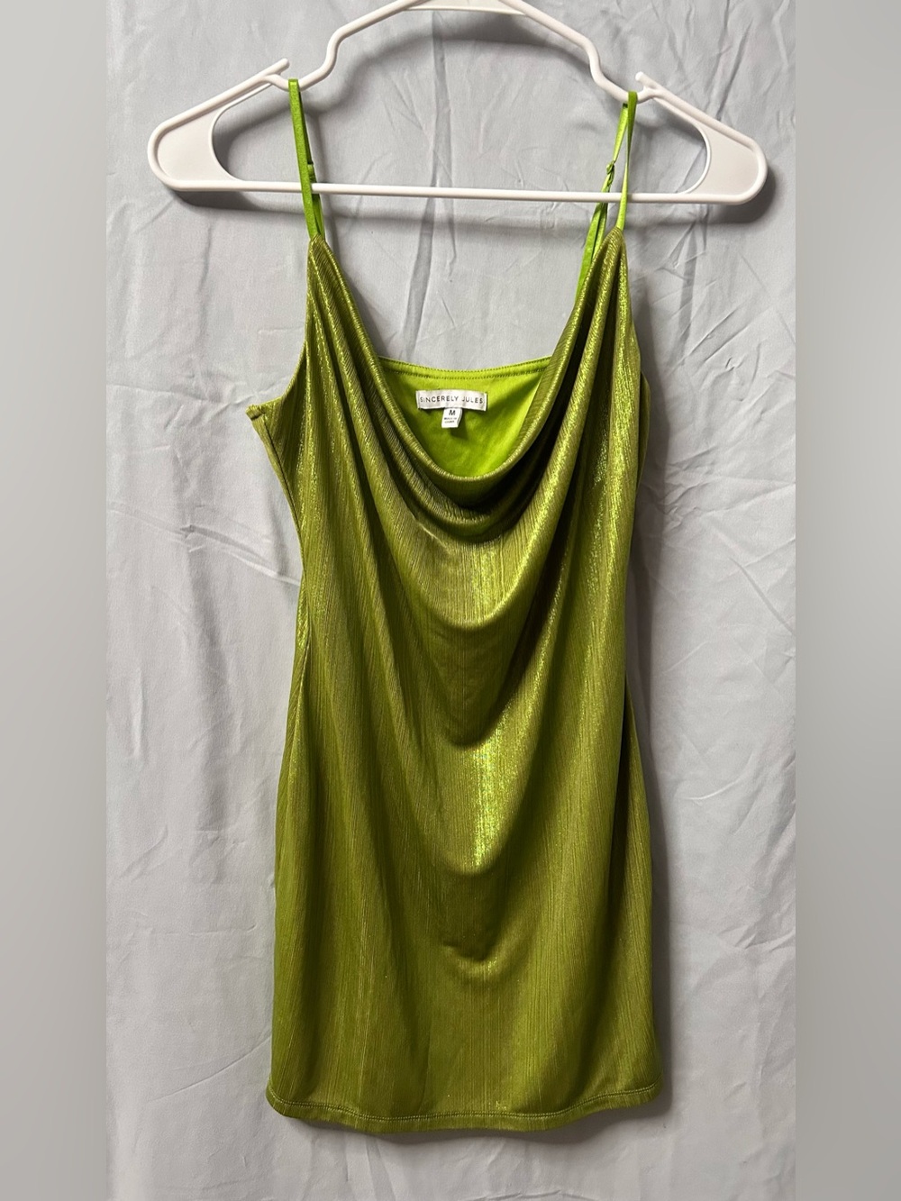 Sincerly Jules Lime Green Satin Cowl Mini Dress